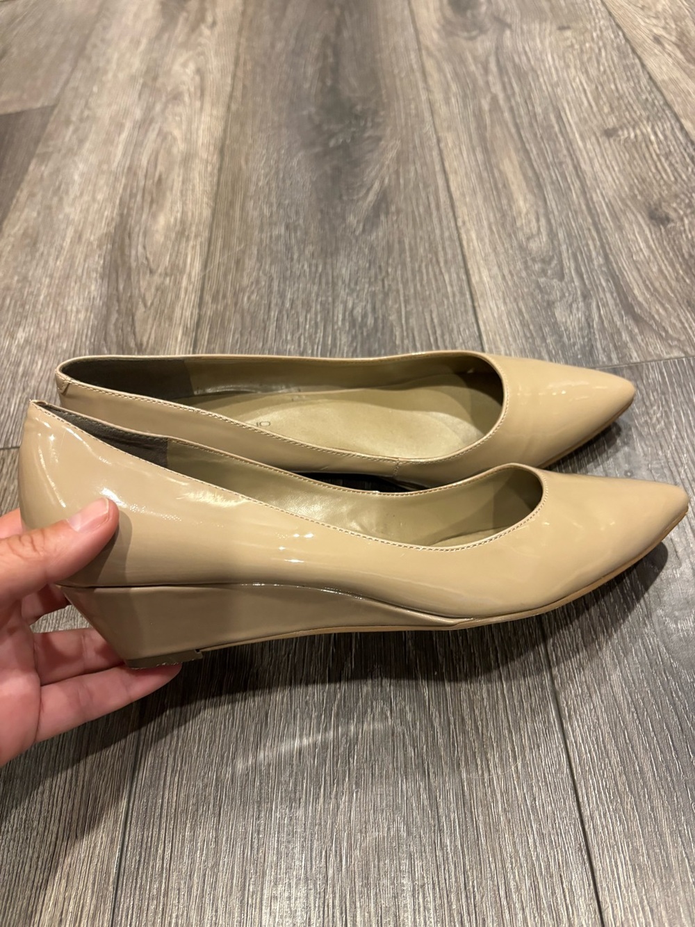 Classic Beige Patent Wedge Pump - Elegant Women’s Dress Shoe